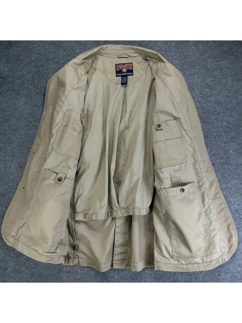 Duluth Trading Co Utility Blazer Jacket Mens XL Beige Cotton Long Sleeve “Read”
